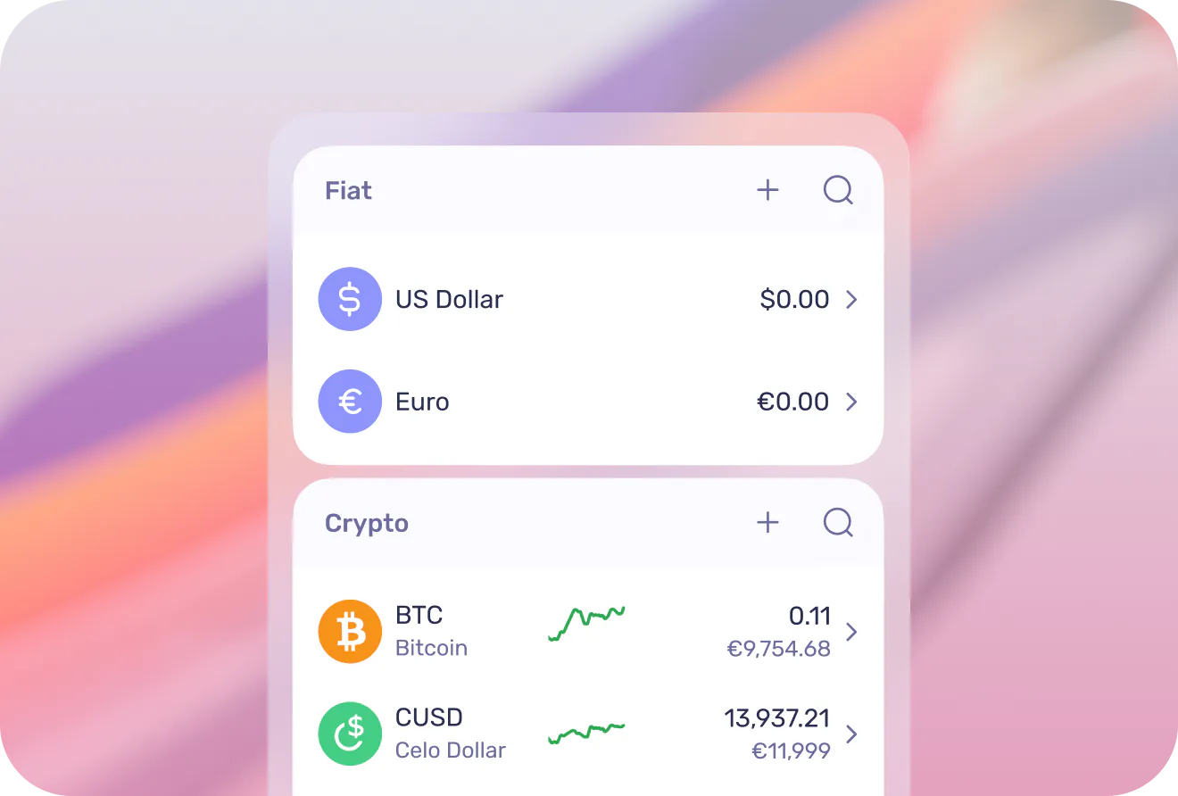 BitBeon app screen showing fiat and crypto balances side by side